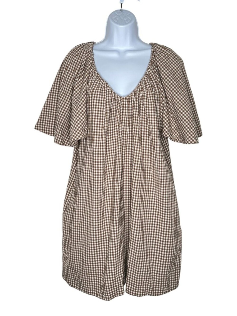 Tuckernuck Studio McGee Gingham Mini Finn Dress Cotton Brown Plaid Shift Large - Picture 8 of 16